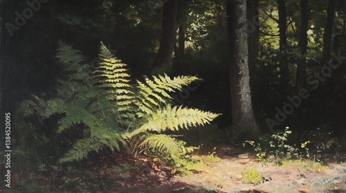 Sunlit Ferns in a Dark Forest: A Serene Landscape Painting