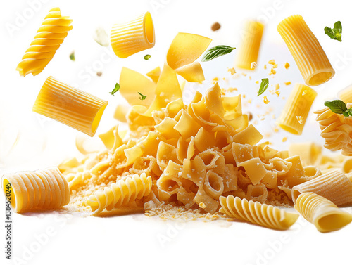 Diverse pasta varieties suspended in mid-flight isolated on transparent background for food advertising, Italian cuisine visualization, and recipe marketing
