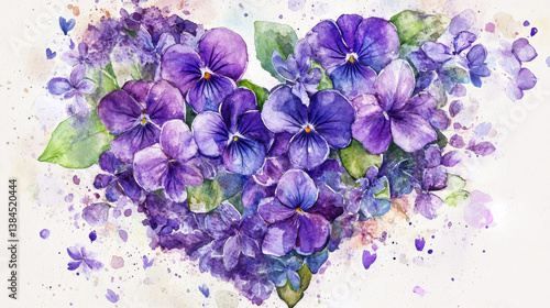 A fine art ink and watercolor fusion of blooming violet and lilac sprigs forming a radiant heart, leaves and buds scattered gently outward, balanced negative space