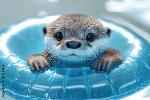 Adorable otter pup enjoys a relaxing swim in a bright blue inflatable ring.