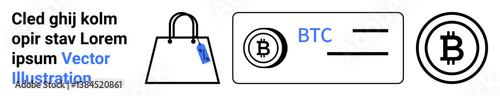 Shopping bag with price tag, Bitcoin symbol, and transaction card highlight digital currency transactions. Ideal for e-commerce, fintech, blockchain, investments, crypto wallets, online payments