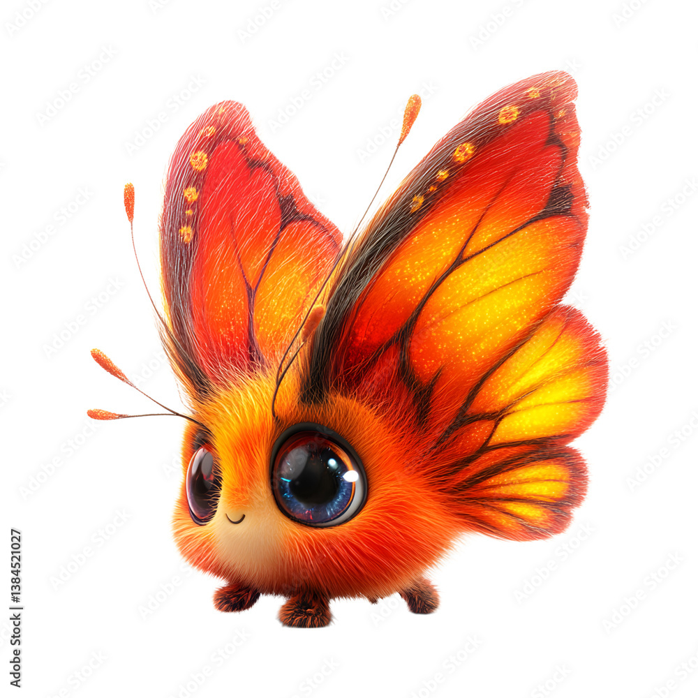 Fluffy 3D Cartoon Butterfly with Orange Wings Isolated on Transparent Background Fluffy 3D Cartoon Butterfly with Orange Wings Isolated on Transparent Background