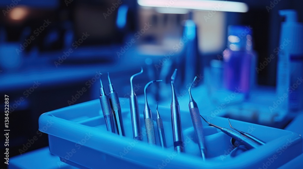 Dental Instruments Close-Up in a Tray at Clinic with Blue Lighting Ambiance Dental Instruments Close-Up in a Tray at Clinic with Blue Lighting Ambiance