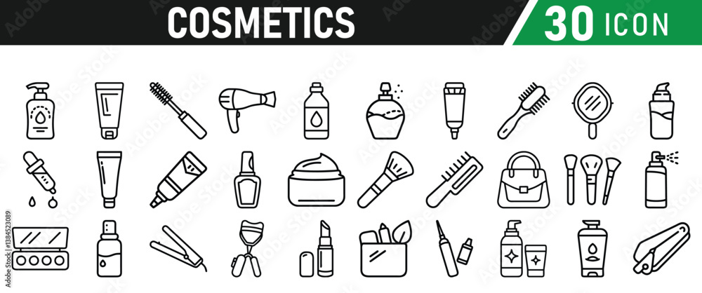 Fototapeta premium Cosmetic line icons set. Include icon - cream, collagen, mask, makeup lotion, serum, sunscreen outline pictogram for skincare product. Icons Collection
