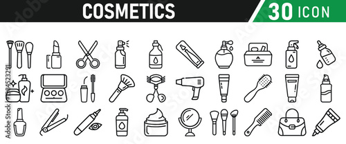 Cosmetic line icons set. Include icon - cream, collagen, mask, makeup lotion, serum, sunscreen outline pictogram for skincare product. Icons Collection