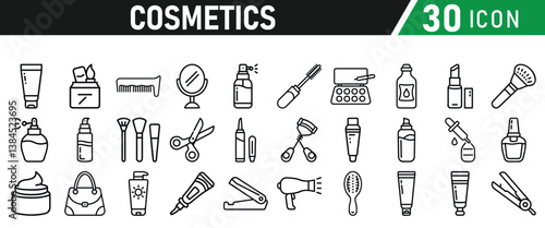 Cosmetic line icons set. Include icon - cream, collagen, mask, makeup lotion, serum, sunscreen outline pictogram for skincare product. Icons Collection