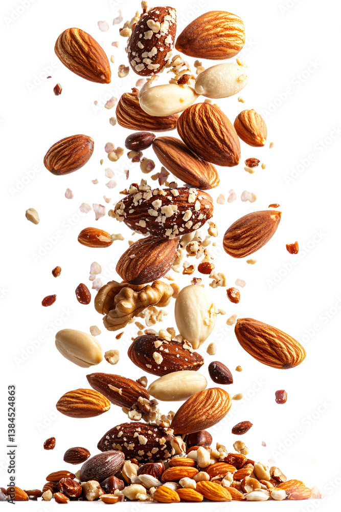 Assorted nuts and seeds floating in dynamic arrangement isolated on transparent background perfect for healthy snack marketing and nutritious food advertising Assorted nuts and seeds floating in dynamic arrangement isolated on transparent background perfect for healthy snack marketing and nutritious food advertising