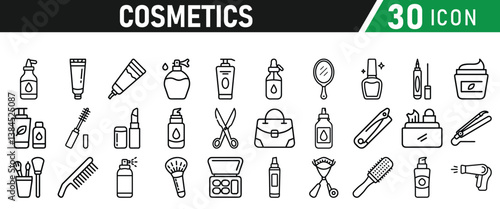 Cosmetic line icons set. Include icon - cream, collagen, mask, makeup lotion, serum, sunscreen outline pictogram for skincare product. Icons Collection