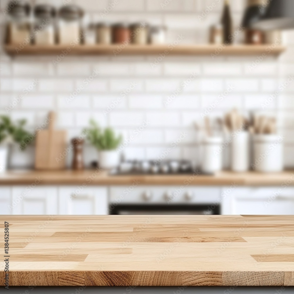 Wood table top on blurred kitchen background. can be used mock up for montage products display or design layout Wood table top on blurred kitchen background. can be used mock up for montage products display or design layout