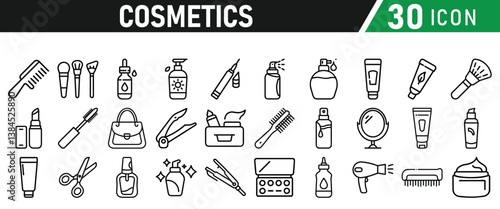 Cosmetic line icons set. Include icon - cream, collagen, mask, makeup lotion, serum, sunscreen outline pictogram for skincare product. Icons Collection