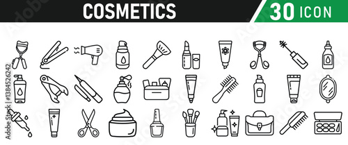 Cosmetic line icons set. Include icon - cream, collagen, mask, makeup lotion, serum, sunscreen outline pictogram for skincare product. Icons Collection