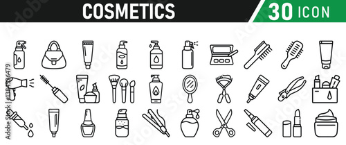 Cosmetic line icons set. Include icon - cream, collagen, mask, makeup lotion, serum, sunscreen outline pictogram for skincare product. Icons Collection