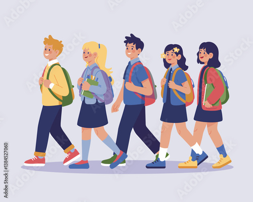 Cheerful Students Walking to School: Colorful Cartoon Illustration of Youngsters with Backpacks Heading to Class