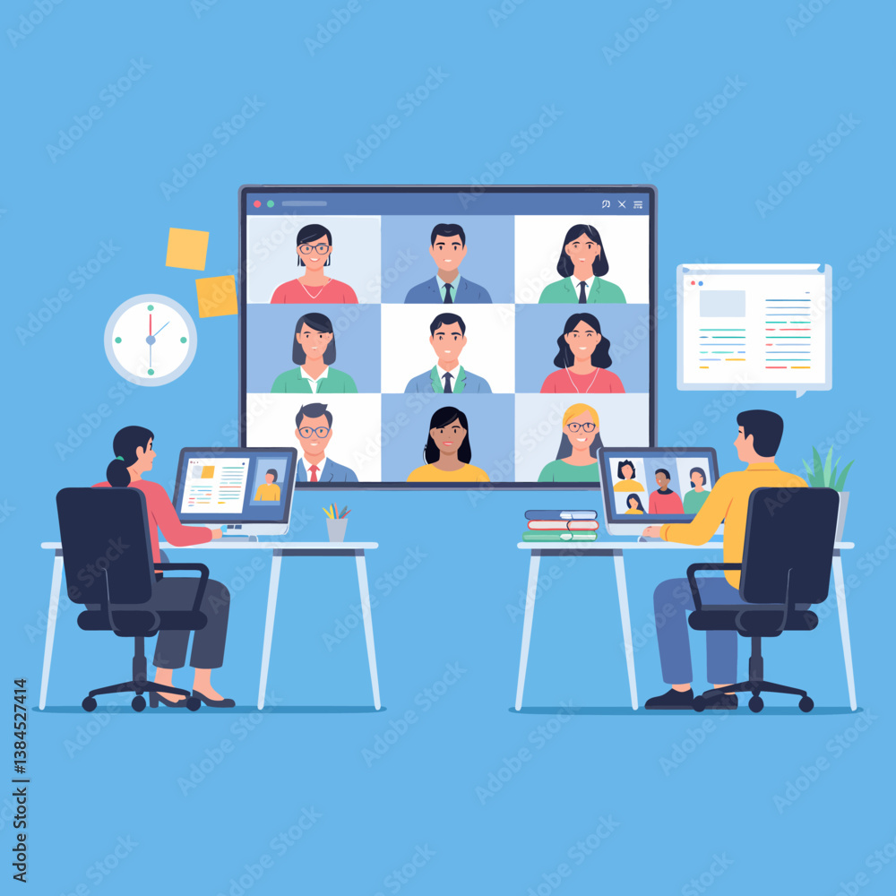 Virtual Meeting Illustration: Team Collaboration on Screen, Remote Work Concept Virtual Meeting Illustration: Team Collaboration on Screen, Remote Work Concept