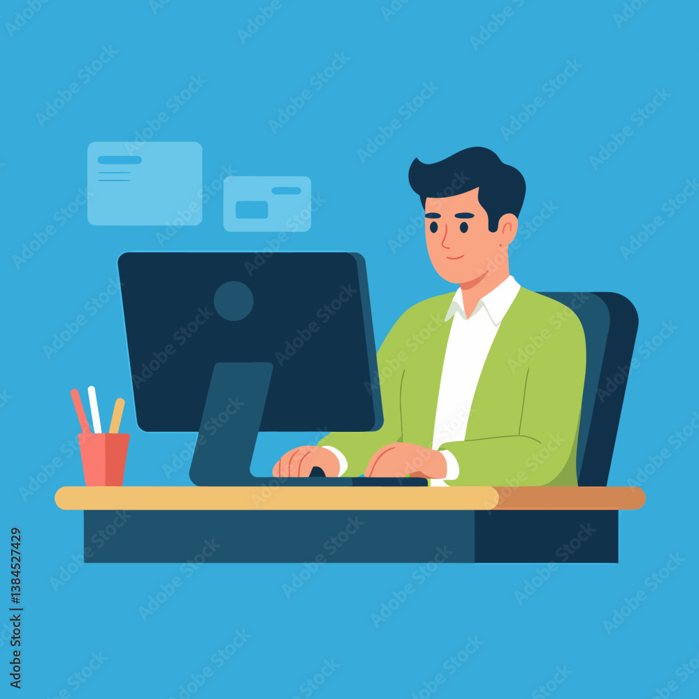 Flat Vector Illustration: Man Working at Computer, Office Desk, Modern Workspace Concept Flat Vector Illustration: Man Working at Computer, Office Desk, Modern Workspace Concept