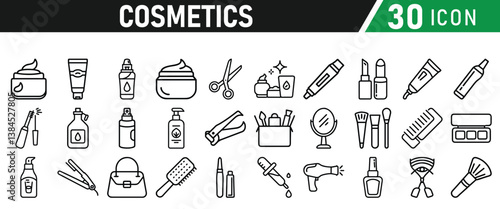 Cosmetic line icons set. Include icon - cream, collagen, mask, makeup lotion, serum, sunscreen outline pictogram for skincare product. Icons Collection