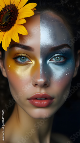 Wallpaper Mural "Split portrait with gold day and silver night themes. Sunflower vs constellation sides divided by nose with heterochromatic eyes." Torontodigital.ca