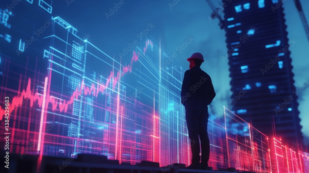 Engineer analyzes construction data trends at urban site during evening hours with digital displays Engineer analyzes construction data trends at urban site during evening hours with digital displays