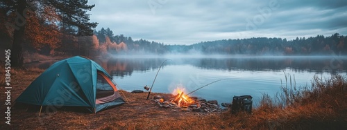 Cozy lakeside fishing camp at twilight with tent and bonfire. Generative AI