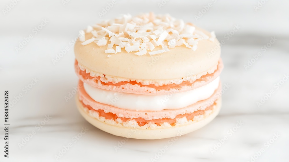Layered pink and white macaron with coconut topping Layered pink and white macaron with coconut topping