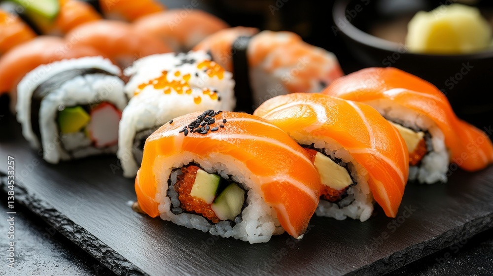 Delicious Salmon Sushi Rolls on Black Slate Plate Delicious Salmon Sushi Rolls on Black Slate Plate