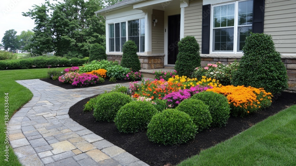 Obraz premium Beautifully landscaped front yard with vibrant flower beds and manicured shrubs in a suburban neighborhood