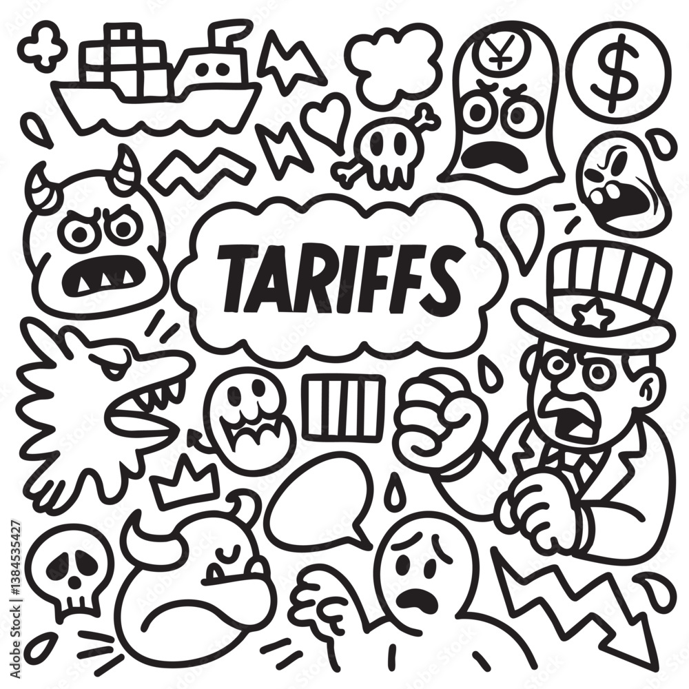 Fototapeta premium Tariffs and global trade conflict doodle art
