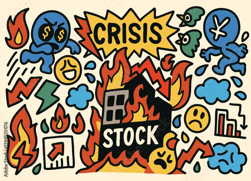 Stock market crisis with financial chaos doodle