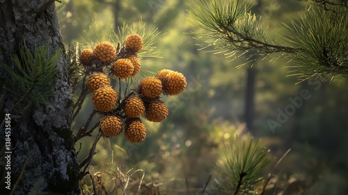 Golden Pine Cones in a Sunlit Forest
