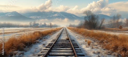 Abandoned railway at rural area on autumn winter season. Generative AI technology.