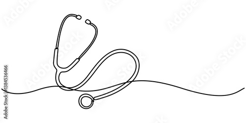 World health day medical stethoscope single line art, continuous one line drawing of Isolated outline vector icon, Single line of stethoscope vector illustration. 
