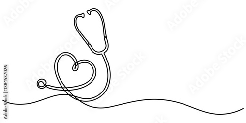 World health day medical stethoscope single line art, continuous one line drawing of Isolated outline vector icon, Single line of stethoscope vector illustration. 
