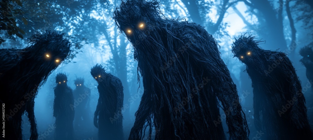 Root forest monsters. Horror creepy haunted background. Generative AI technology.