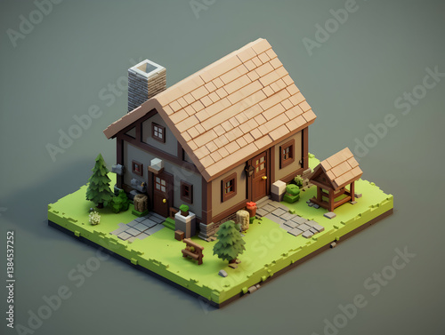 Wallpaper Mural Isometric Voxel House Model on Green Landscape with Stone Chimney and Roof with Well Exterior Architecture and Building Design Torontodigital.ca
