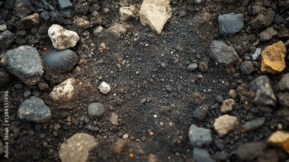Close-Up of Dark Soil Texture with Mixed Gravel and Stones Close-Up of Dark Soil Texture with Mixed Gravel and Stones