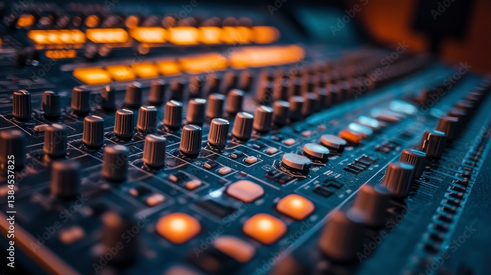 Fototapeta premium Close-up of an Audio Mixing Console with Illuminated Controls