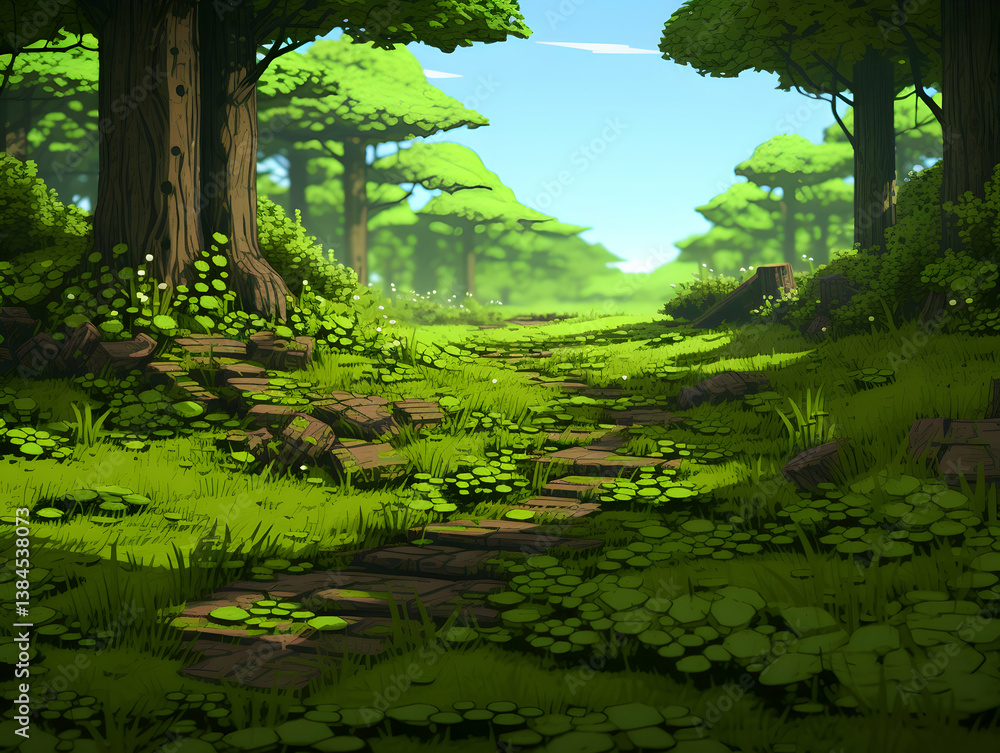 Fototapeta premium Lush Green Forest Path Under Bright Sunlight With Tall Trees And Dense Foliage Creates a Tranquil Pixel Art Landscape