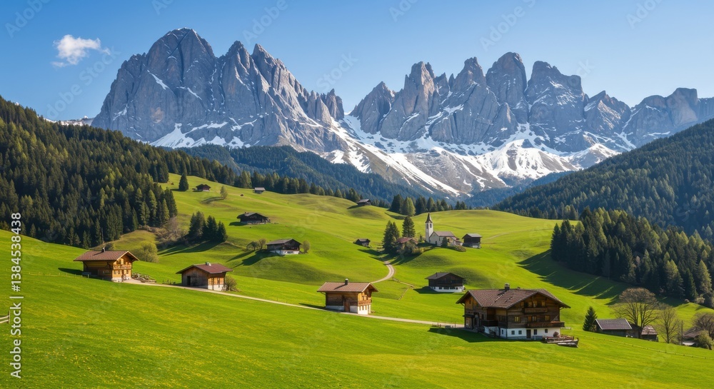 Scenic view of dolomites mountains with green meadows and wooden houses under a blue sky in italy Scenic view of dolomites mountains with green meadows and wooden houses under a blue sky in italy