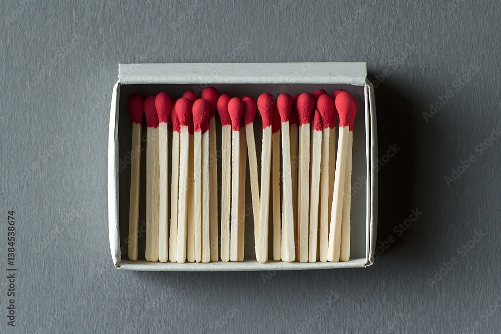 Top View Matchbox with Unused Matches and Red Tips on Gray Background Texture Top View Matchbox with Unused Matches and Red Tips on Gray Background Texture