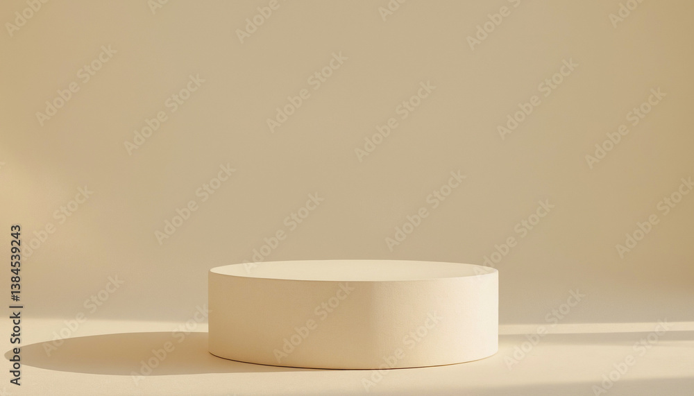 Single, cylindrical, off-white display platform sits on a light beige background, illuminated by soft sunlight. Single, cylindrical, off-white display platform sits on a light beige background, illuminated by soft sunlight.