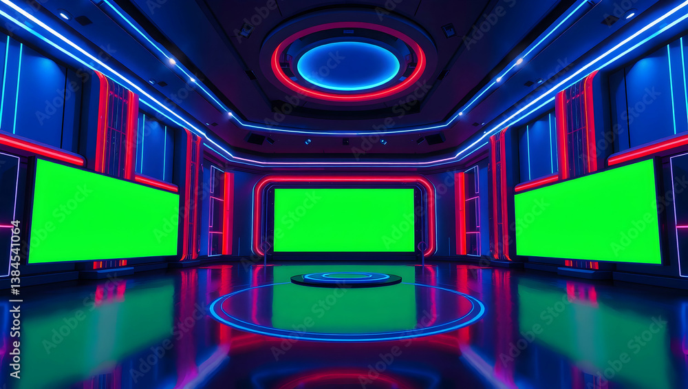 Futuristic Virtual Studio Room with Neon Lights and Green Screen Display Futuristic Virtual Studio Room with Neon Lights and Green Screen Display