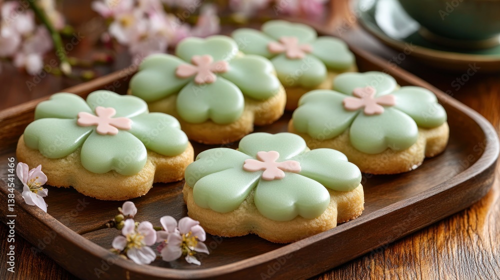 Delicate mint green cookies shaped like four-leaf clovers, adorned with small pink flower accents. A close-up view, featuring a wooden serving tray Delicate mint green cookies shaped like four-leaf clovers, adorned with small pink flower accents. A close-up view, featuring a wooden serving tray