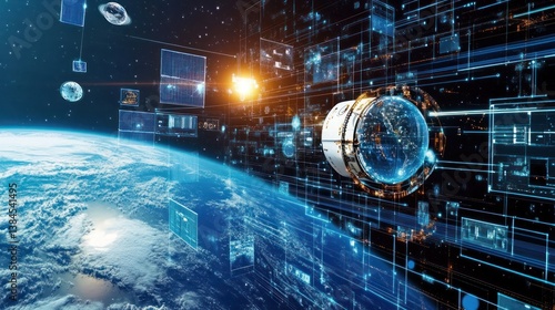 Fototapeta Naklejka Na Ścianę i Meble -  Innovative space station orbiting earth with data visualization interface