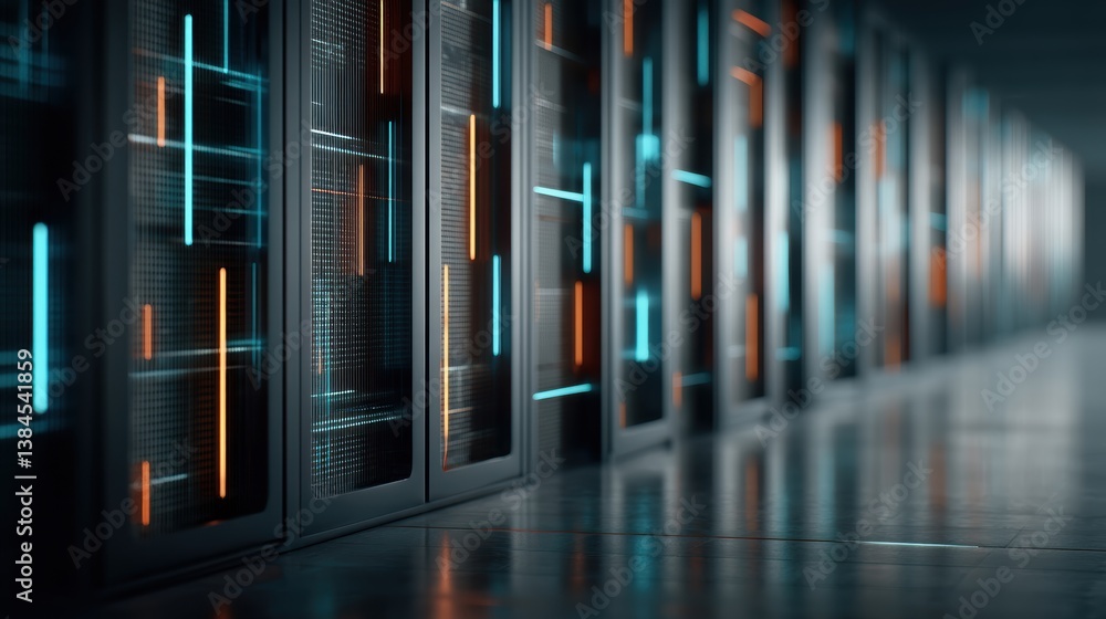 Fototapeta premium A futuristic data center corridor filled with glowing servers, showcasing high-tech infrastructure and a sleek, modern design.
