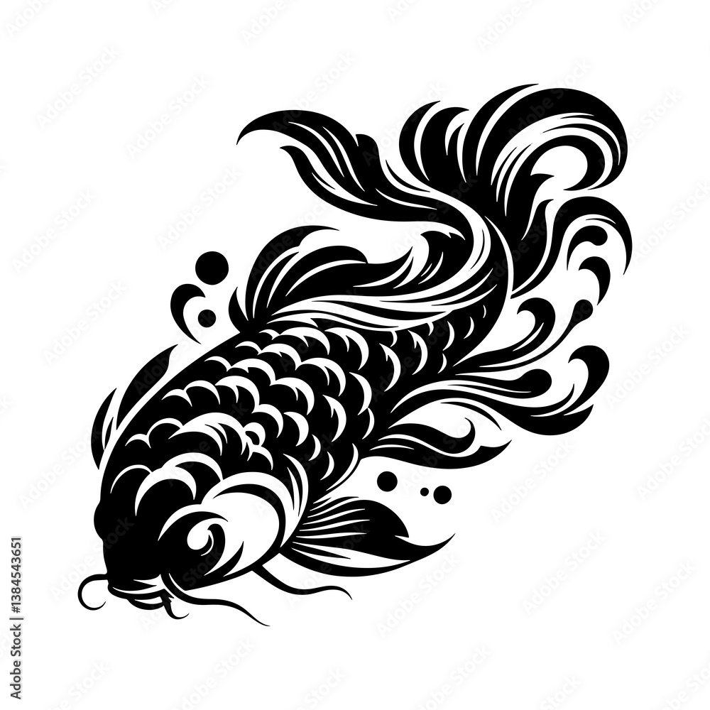 Koi Fish Silhouette Vector with Flowing Fins and Bold Line Art Koi Fish Silhouette Vector with Flowing Fins and Bold Line Art