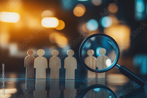 Wooden Figures Row with Magnifying Glass on Shiny Surface & Blurred Light Backdrop