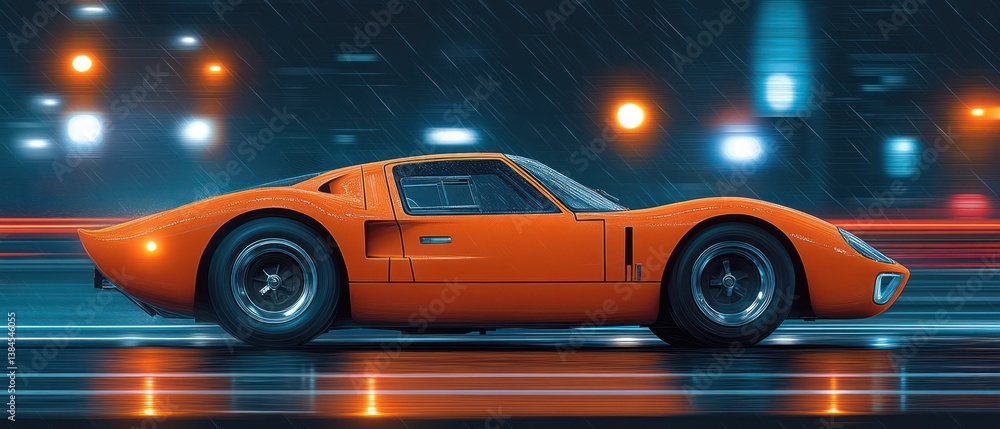 Fototapeta premium Sleek orange sports car speeds through rainy city.