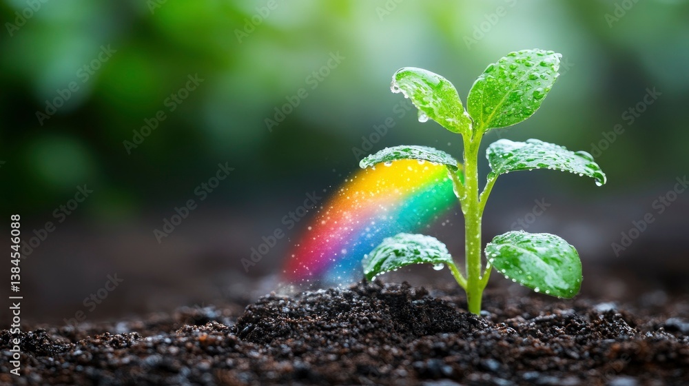 Fototapeta premium Rainbow Sprinkles Growth A Young Plant Thriving with Colorful Energy