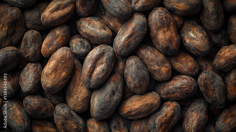 Dried cacao beans densely packed. Close-up view of many dark brown, oval-shaped cacao beans