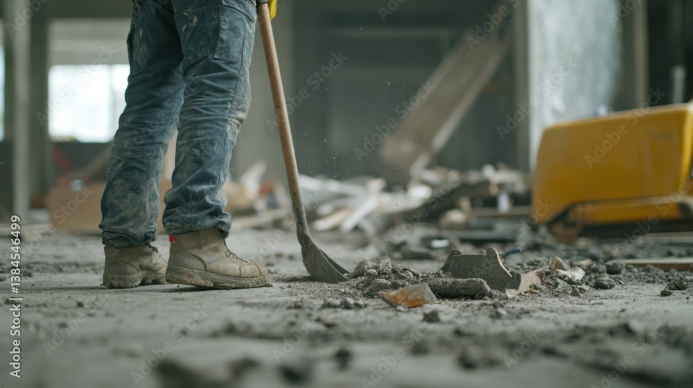 A construction worker cleaning up debris at a job site. Featuring responsibility and care A construction worker cleaning up debris at a job site. Featuring responsibility and care